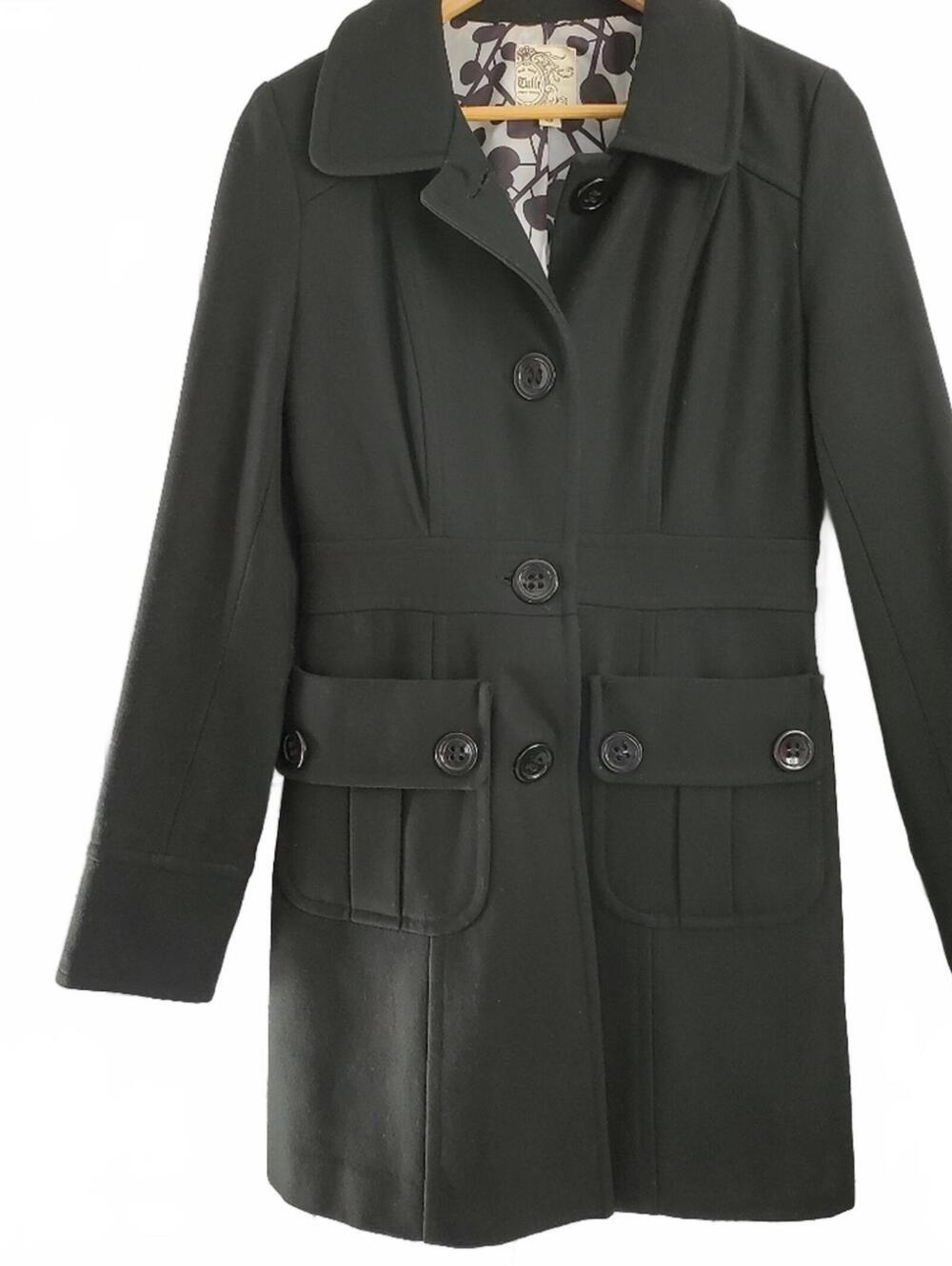 ANTHROPOLOGIE TULLE ORIGINAL CLOTHING Black ¾ Length Winer Coat with Front Pocke - Picture 1 of 7